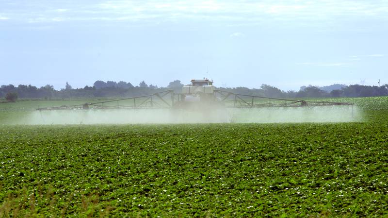 An agricultural sprayer applies chemicals to a field of soybeans south of Towanda, Illinois.