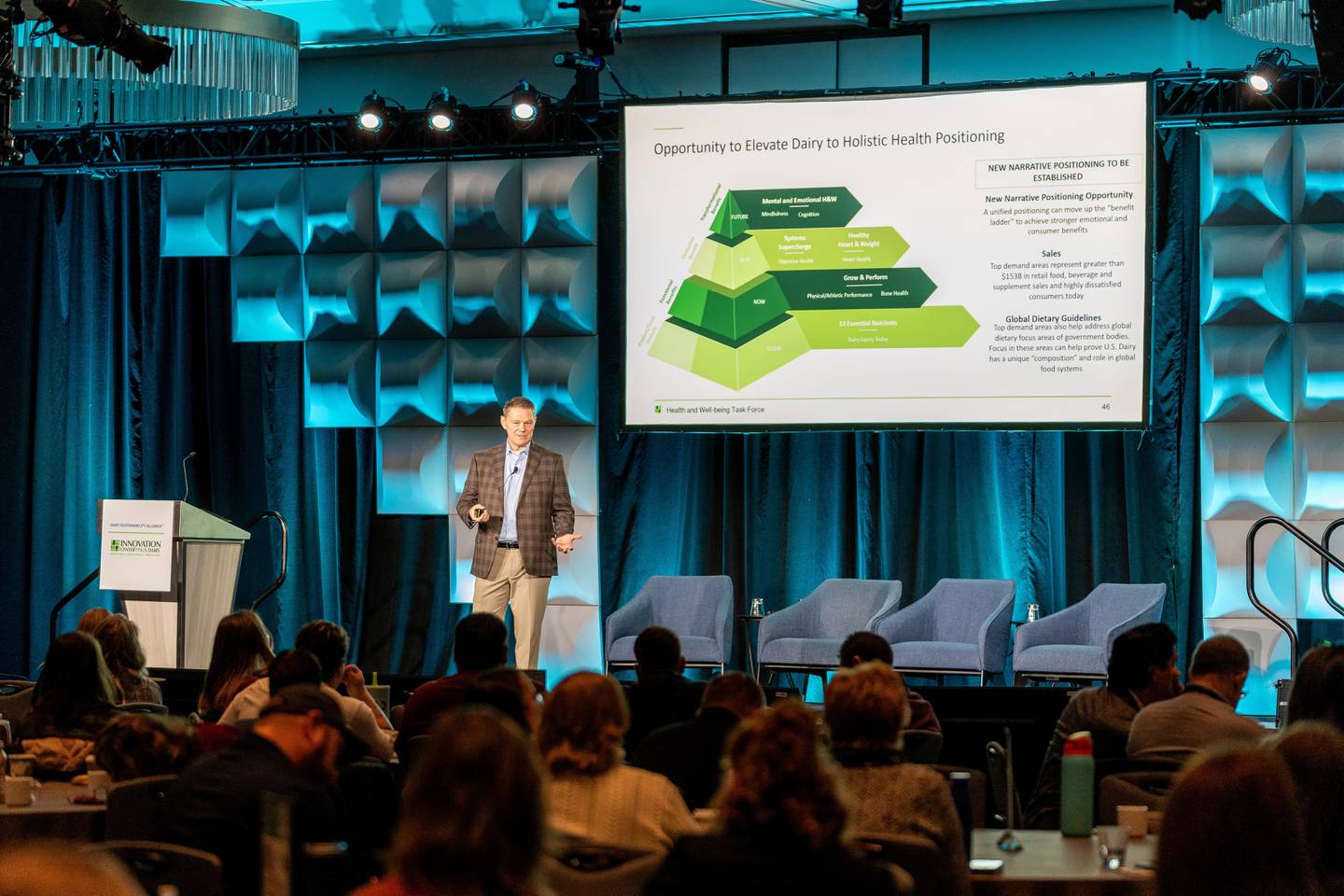 Paul Ziemnisky, head of wellness science, innovation and business development at Dairy Management Inc., speaks at the 2024 Fall Meeting of the Dairy Sustainability Alliance.