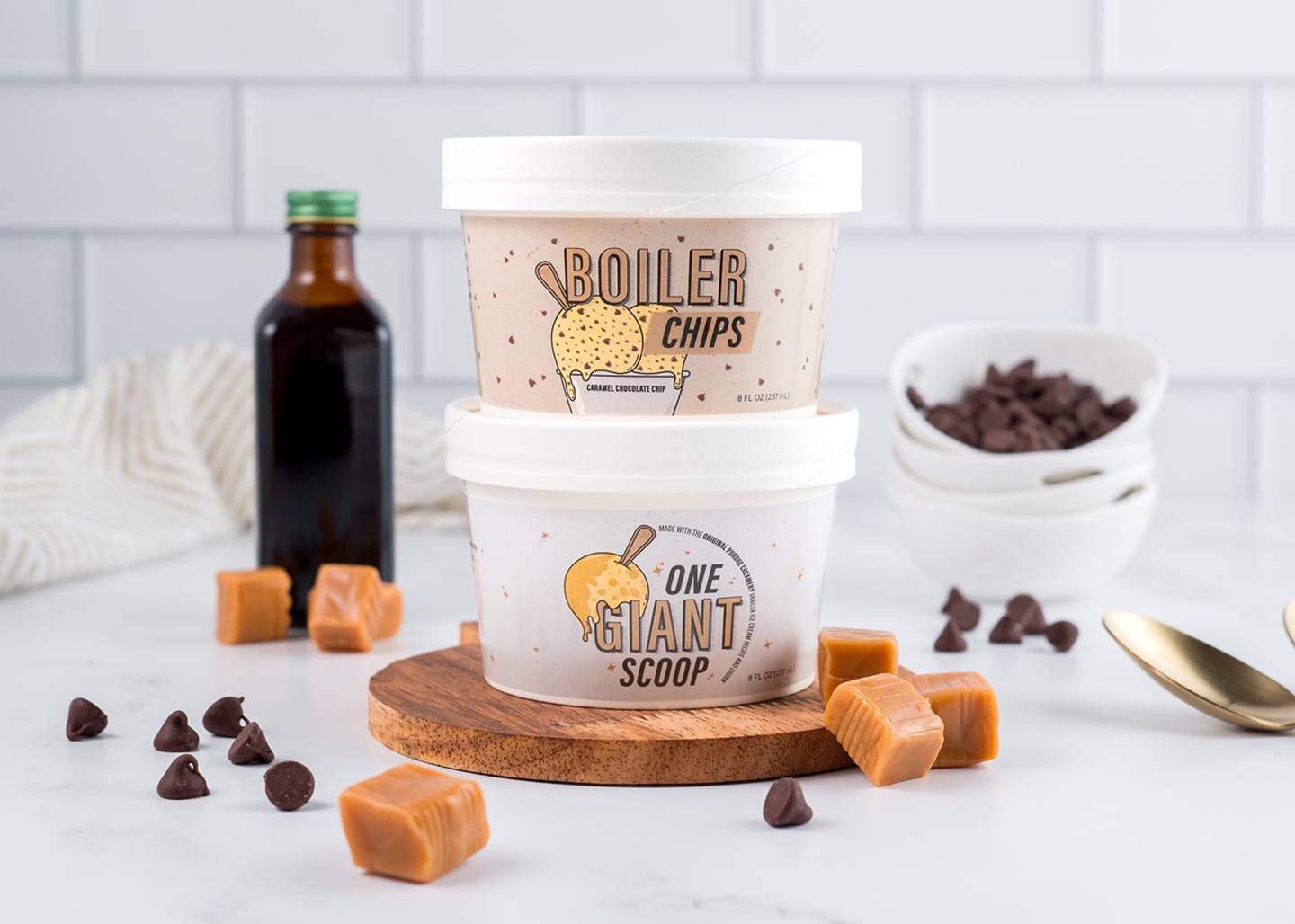 Cups of Purdue’s ice cream Boiler Chips and One Giant Scoop, developed in 2023 by the Food Entrepreneurship and Manufacturing Institute.