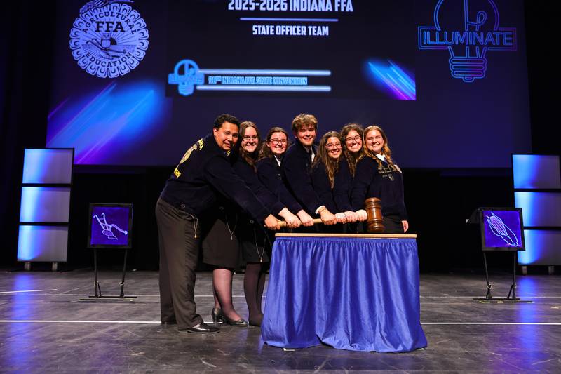 Jesus Santana (from left), Jenna Lawler, Lily Sloan, Calvin Myers, Erianna Vela, Lauren Argotte and Kaitlyn Maruszewski are welcomed as the newest Indiana FFA state officers.