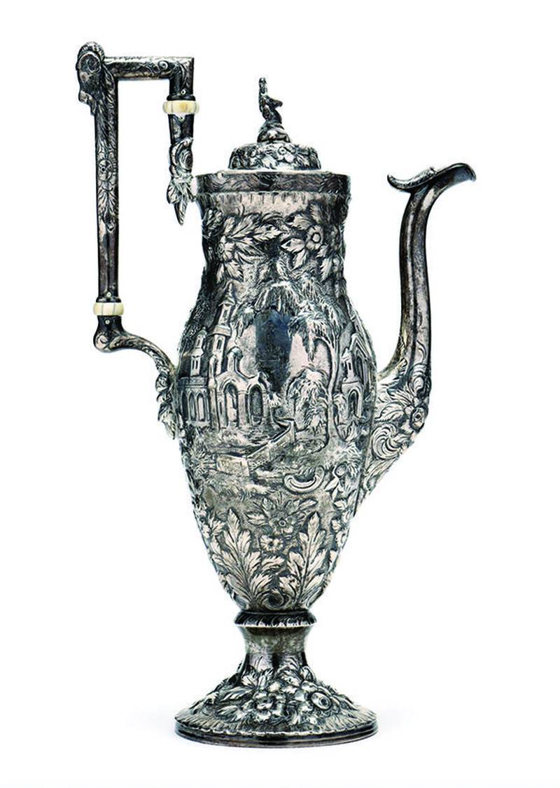 Silversmith Samuel Kirk was in business with his sons when they made this scenic coin silver coffeepot.