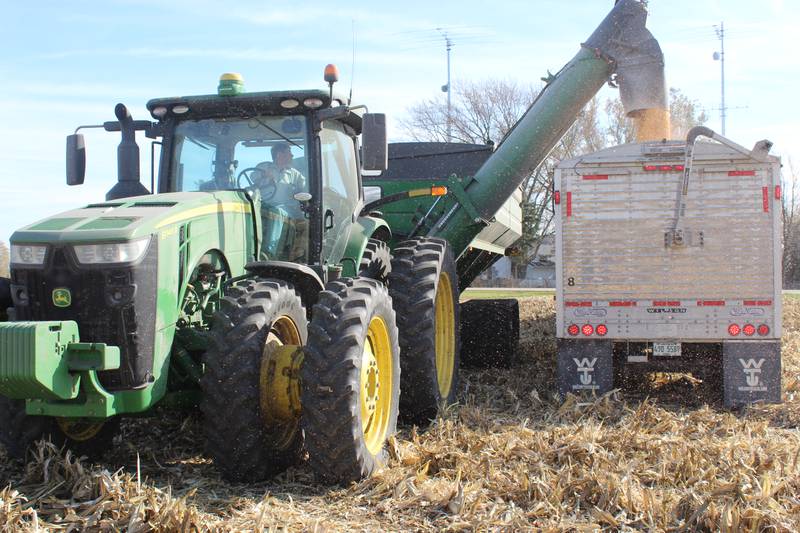 Eldon Gould, father of Chris Gould, unloads corn from the grain cart into the semi truck. Corn yields are very good this year on his farm in Kane County in northeastern Illinois, Chris Gould said, which is surprising since the plants went without rain for six weeks during May and June.