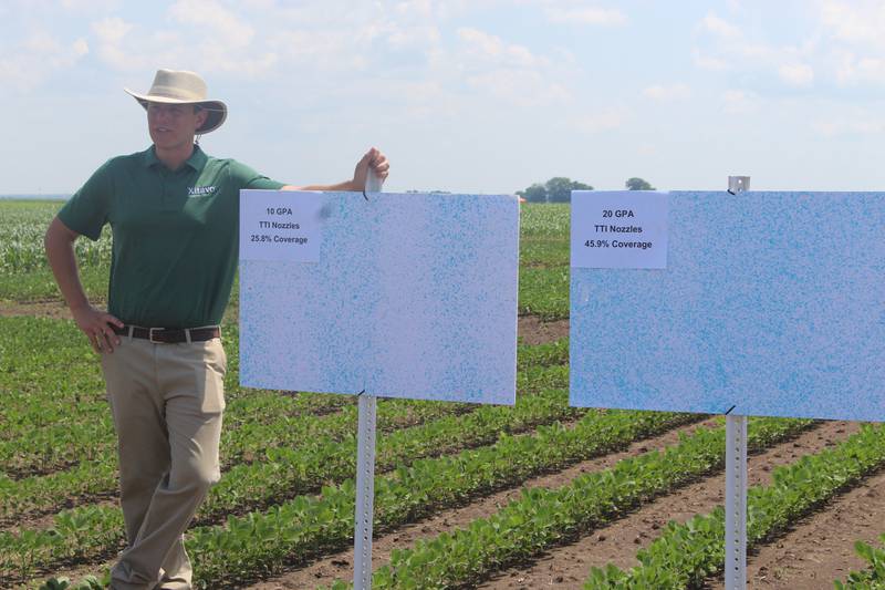 Mike Probst explains the importance of using the correct nozzles and carrier volume to achieve the best opportunity for weed control at a BASF Field Day.