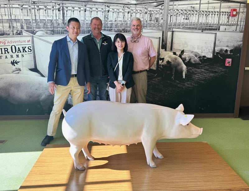 Kentaro Wantanabe (from left), McDonald’s Japan Supply Chain buyer; Malcolm DeKryger, Belstra Milling president; Maki Sugiyama, McDonald’s Japan Pork Supply Chain lead; and Norman Bessac, Fulton Market Group.