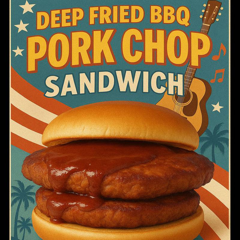 Deep Fried Pork Chop Sandwich by Twisted Drinks and Food. The deep fried BBQ pork chop sandwich is as exactly as it sounds. They season their boneless pork chops with a dry BBQ rub, then deep fry them and serve on a fresh bakery bun, topped with a yummy BBQ sauce.