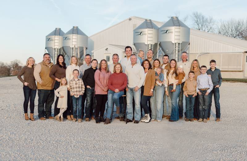 The Burgener family, of Moweaqua, was named the Illinois Pork Producers Association 2024 Family of the Year. The Burgener farm was started by Charles and Carole Burgener in 1968 on a farm owned by Carole’s grandparents. They built their first confinement barn in 1976 and another barn two years later. Charles died unexpectedly in 1999 and his sons, Bret, Brad, Chad and Chris, carry on the farming operation. The Burgeners are independent farrow-to-finish hog farmers and they also raise row crops. The family includes Brad and wife Stacy, their children Kayla (Troy) Pinkston and Kelsey, and grandchildren Colt Pinkston and Charlee Pinkston; Bret and wife Angela; their children, Abbey, Brock and Alaina, and grandchildren Avery Stults, Quinn Stults and Banks Boyer; Chad and wife Jonna and their son, Ross; Chris and wife Betsy and their children, Ty, Griffin and Cade.