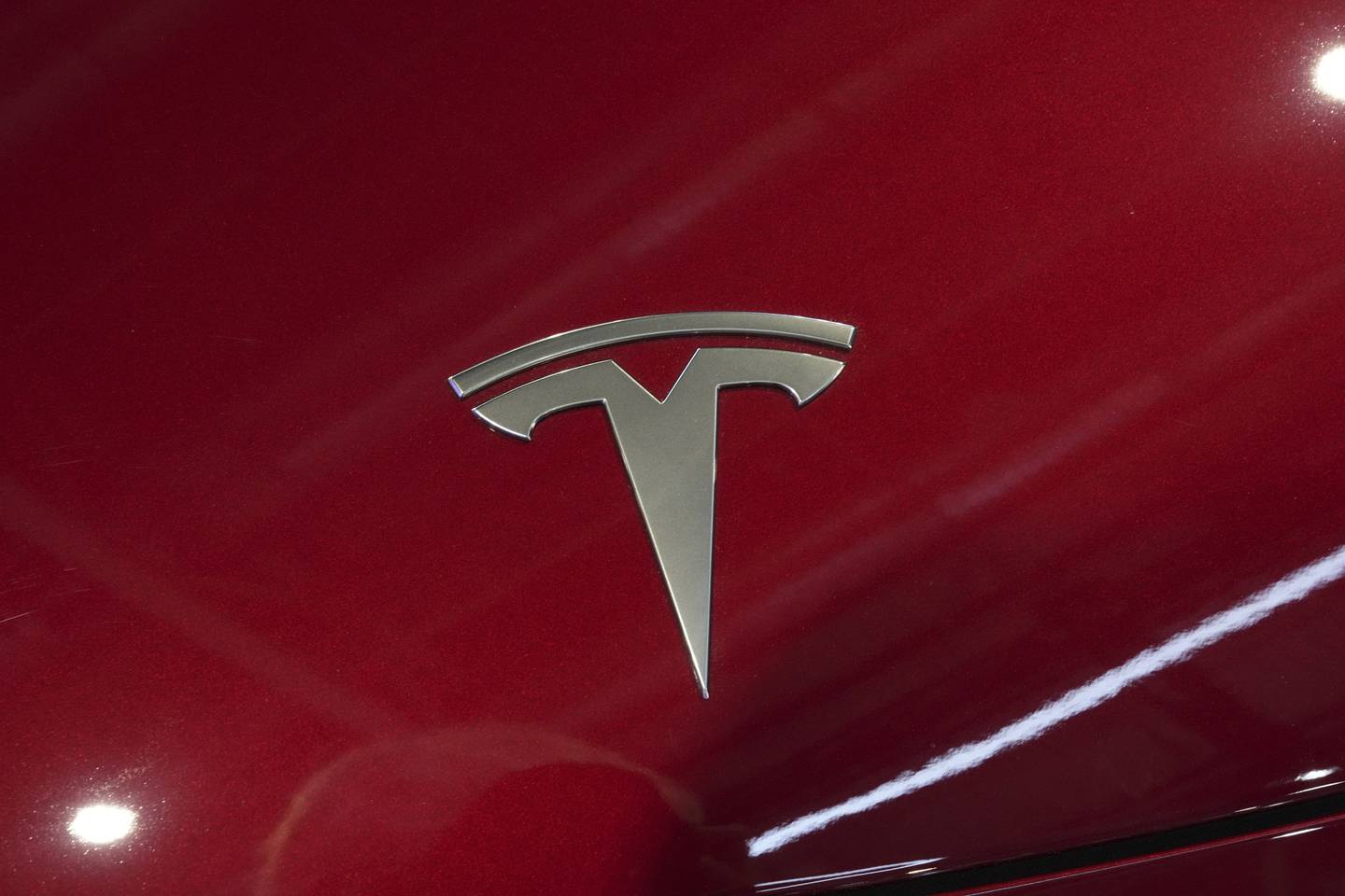The Tesla logo is pictured on a car at the Paris Auto Show, in Paris, Oct. 14, 2024.