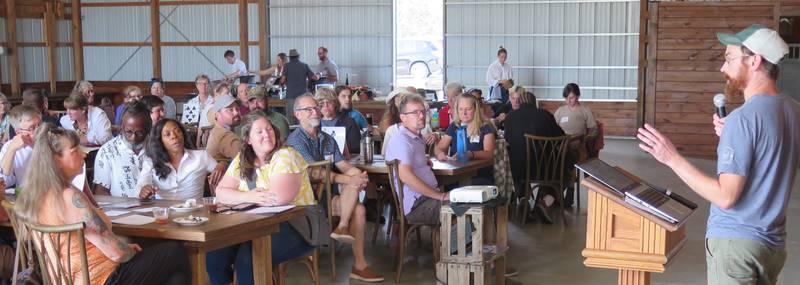 Jeff Hake (right) directed the recent Illinois Stewardship Alliance listening session at Epiphany Farms Estates that drew over 70 to weigh-in on challenges and solutions to improve the state’s local food system. Thirteen listening sessions throughout the state were held in conjunction with the alliance’s 50th anniversary.