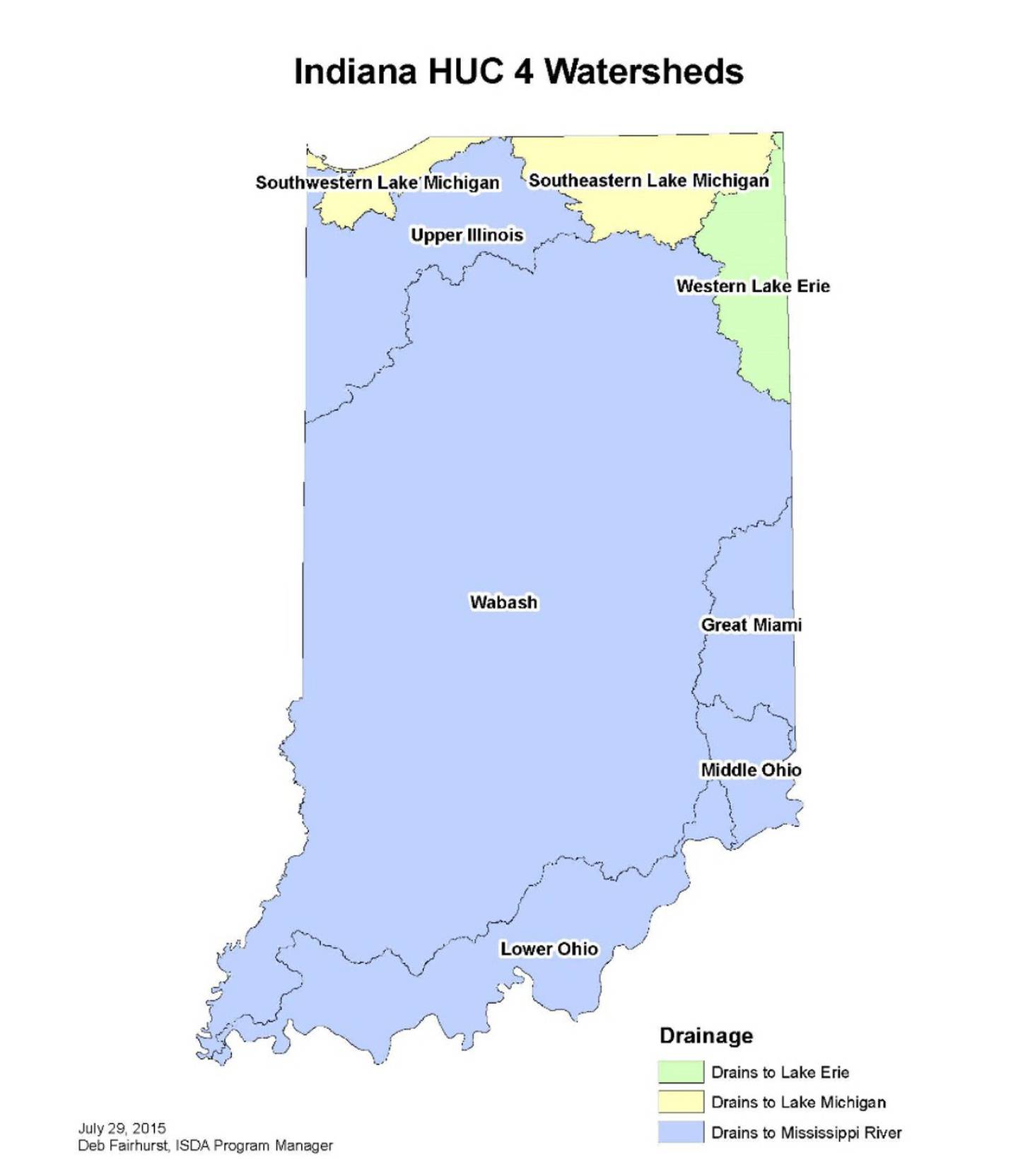 Indiana has three major drainage areas — the Mississippi River Basin shown in blue, the Lake Michigan Basin shown in yellow and the Western Lake Erie Basin shown in green.