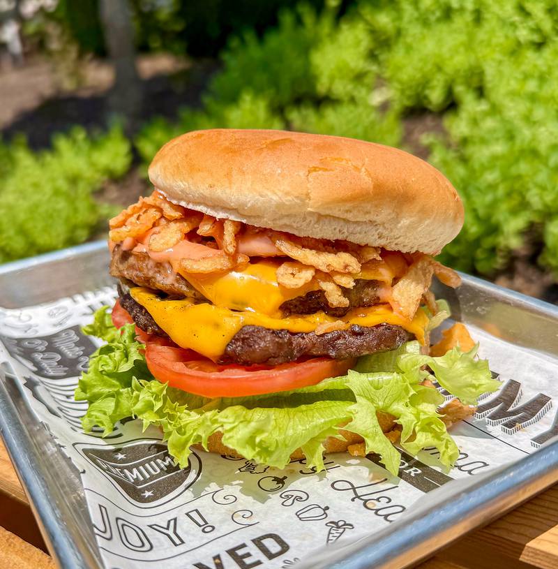 Piggyback Stack by Urick Concessions. A hearty, flavor-packed sandwich featuring a pork burger stacked with a classic beef patty, melted American cheese, lettuce, tomato, crispy onions and a signature sauce.