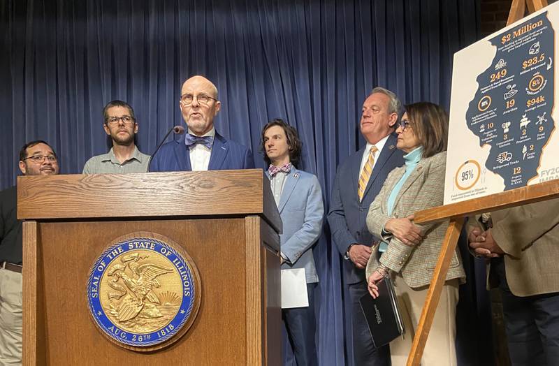 State Sen. Dave Koehler, D-Peoria, speaks at a news conference in support of a bill to create a permanent local food infrastructure grant program that would receive $2 million annually.