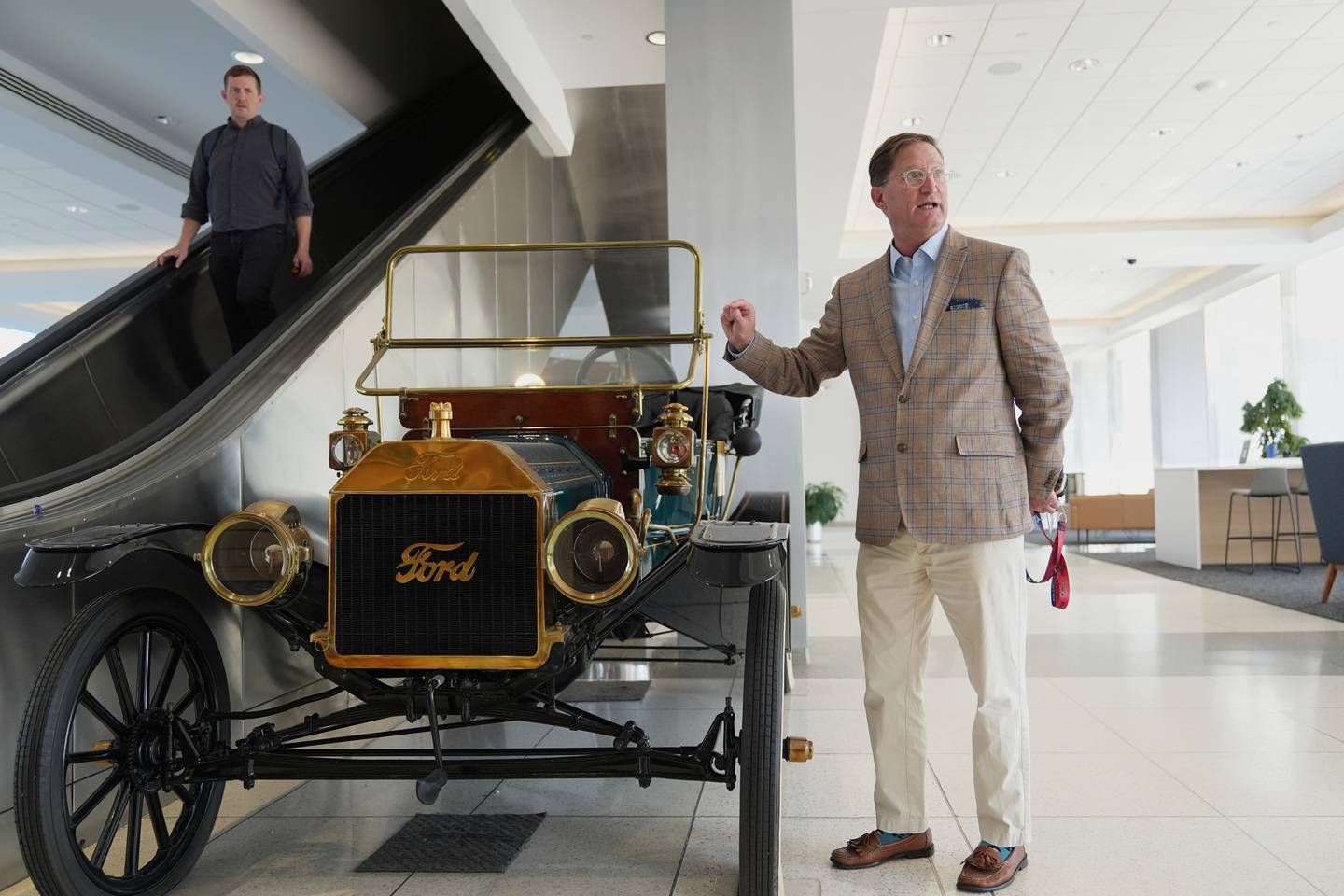 Ford heritage and brand manager Ted Ryan speaks in front of a vintage Ford Model T during an interview at the current Ford World Headquarters in Dearborn, Michigan.