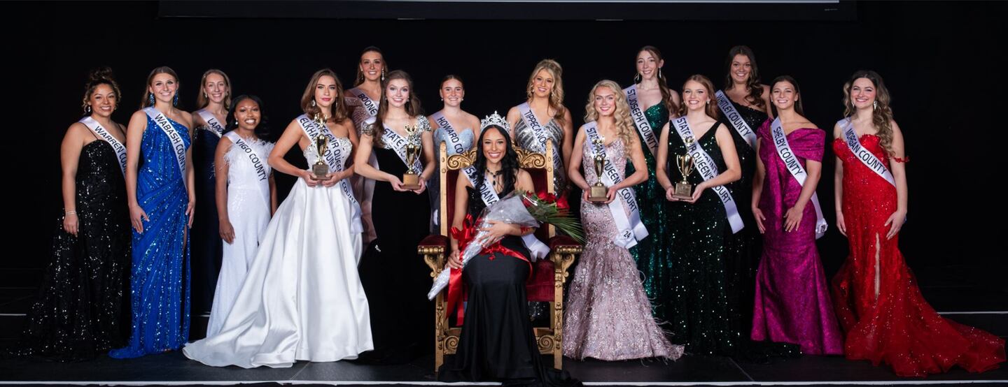 Pilar Bravo (seated) and 15 semifinalists were among the highest honored at the Miss Indiana State Fair competition.