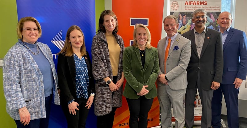 Federal and state lawmakers recently saw the University of Illinois’ ag tech and AI innovations. Among those on the tour were (from left) Susan Martinis, U of I vice chancellor for research and innovation; Jessica Wedow, AIFARMS executive director; Ashley Berrang, ITI Institute executive director; U.S. Rep. Nikki Budzinski; State Sen. Paul Faraci; Vikram Adve, CDA co-founder and director and AIFARMS lead; and John Reid, CDA executive director.