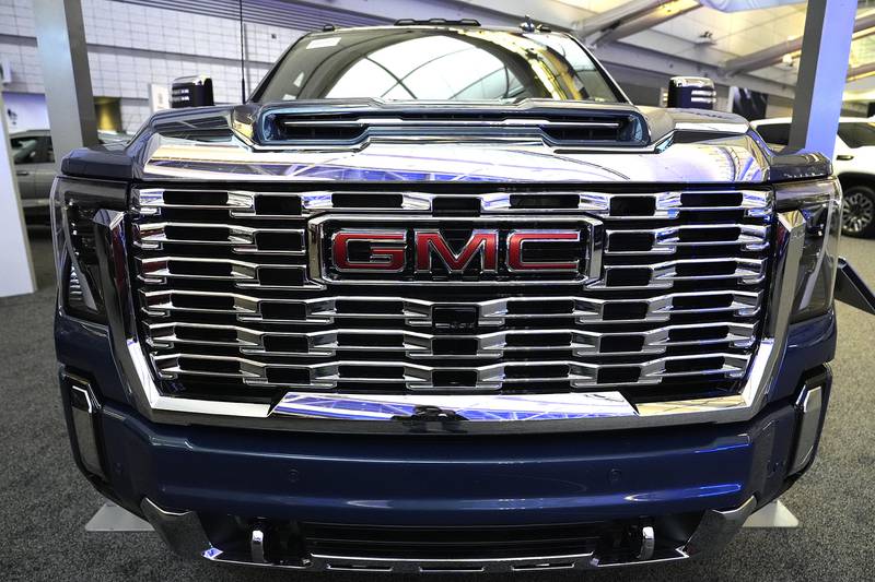 This is the grill on a GMC Sierra Heavy Duty Denali HD 2500 truck on display at the Pittsburgh International Auto Show.