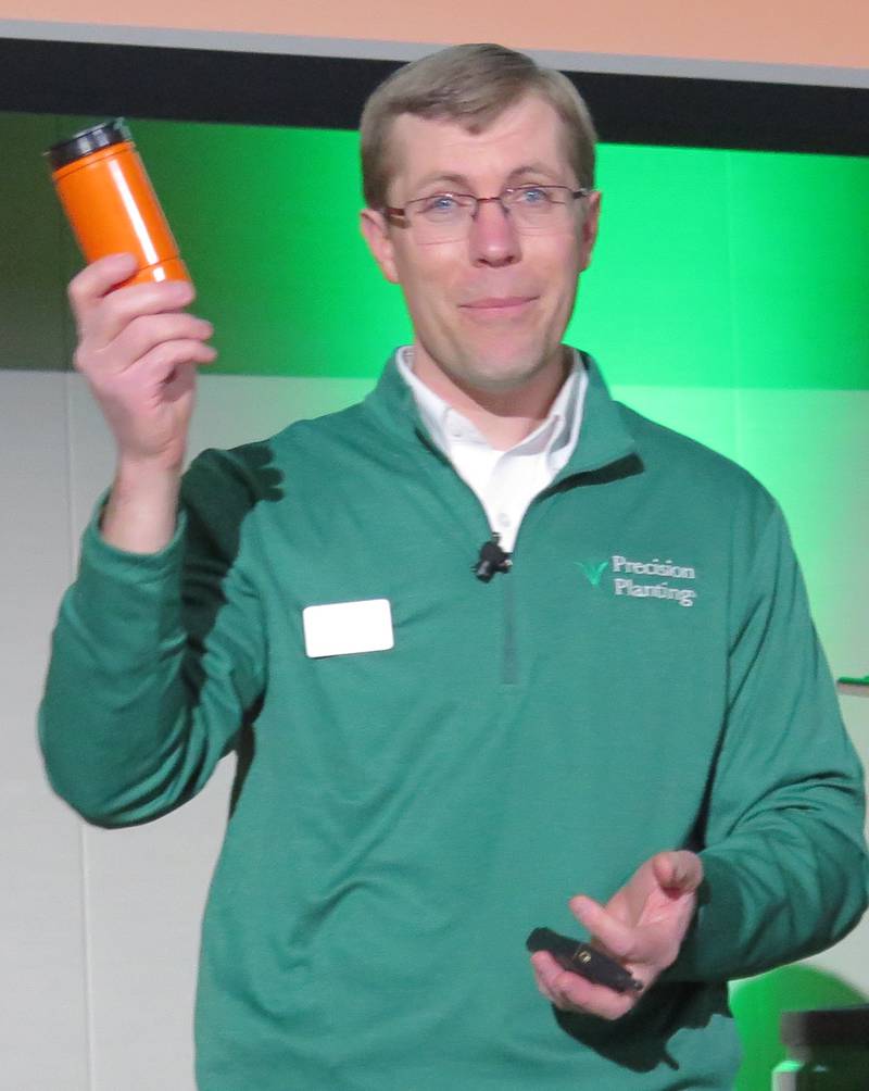 Dale Koch, Precision Planting Radicle product manager, holds a GeoTube that’s used to collect soil samples for the Radicle Lab. The GeoTubes have a permanent electronic RFID tag that is automatically read and the sample is geotagged and recorded in the cloud.