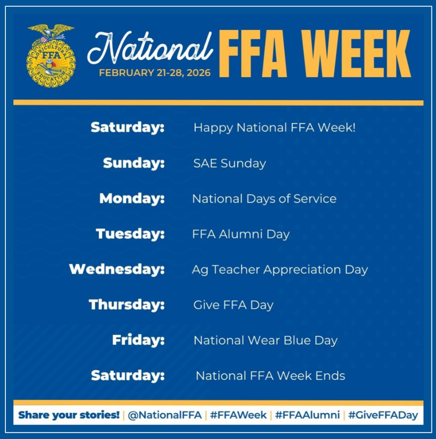 Each day of National FFA Week has a theme, ranging from SAE Sunday to Give FFA Day.