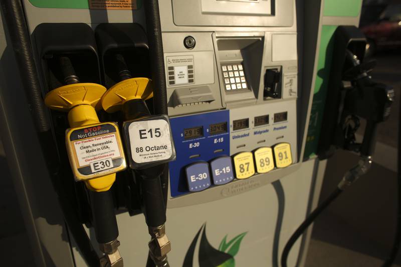 An E15 nozzle is displayed on a pump at service station in Minneapolis. The higher blend has been prohibited in the summer because of concerns it could worsen smog during warm weather.