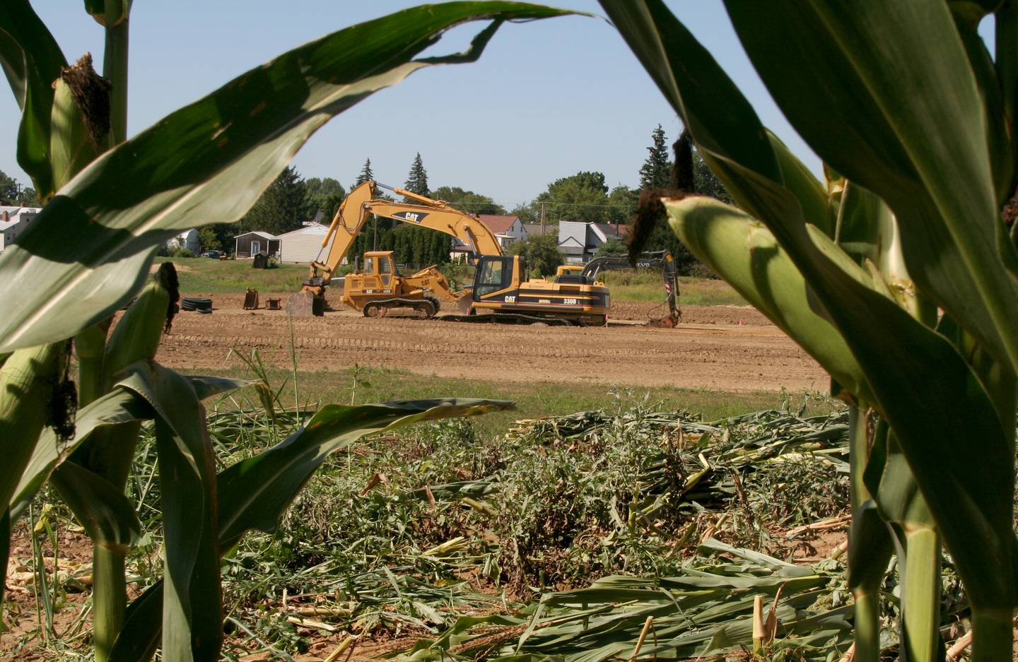 Excavation equipment sits at a new housing development adjacent to a cornfield.
