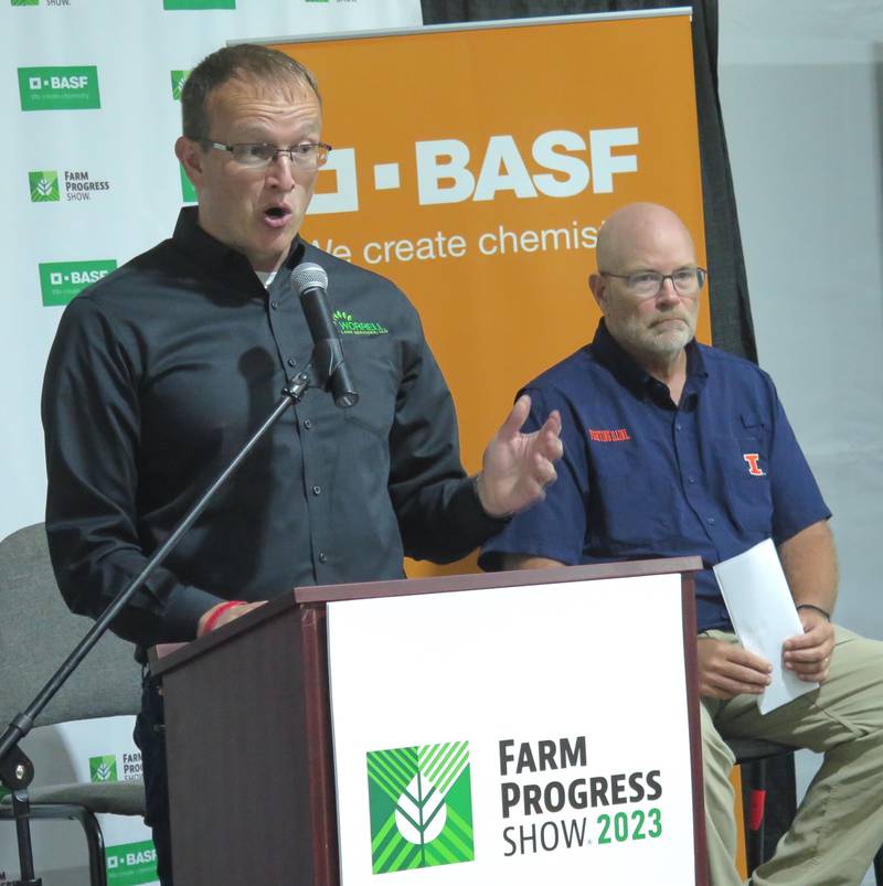 Luke Worrell (left), Worrell Land Services, Jacksonville, and Illinois Society of Professional Farm Managers and Rural Appraisers 2024 Land Values Conference chair,
and Gary Schnitkey, University of Illinois professor of farm management and Soybean Industry Chair in Agricultural Strategy and ISPFMRA secretary/treasurer, gave the results of the society’s mid-year land values survey. The findings were released during the Farm Progress Show.