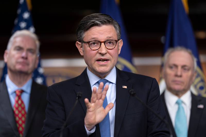 Speaker of the House Mike Johnson, R-La., meets with reporters as Republicans struggle with a plan to address growing health care costs, at the Capitol in Washington, Tuesday, Dec. 16, 2025. (AP Photo/J. Scott Applewhite)