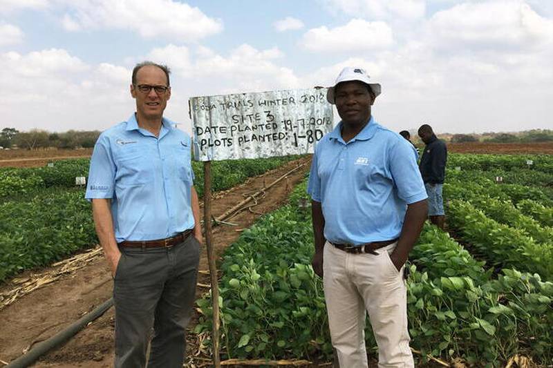 Peter Goldsmith (left) and Dennis Banda in Malawi at a site participating in the Soybean Innovation Lab’s Pan African Soybean Trials.