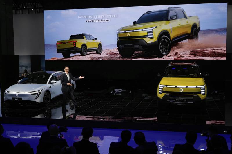 An executive from Nissan unveiled the Frontier Pro, a plug-in hybrid, during the Shanghai auto show.