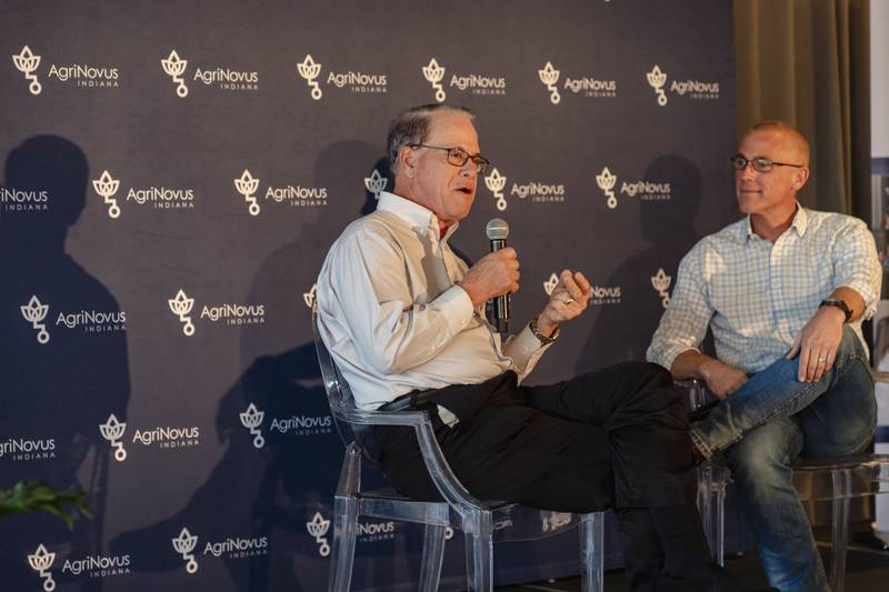 Gov. Mike Braun (left) and Mitch Frazier, CEO of AgriNovus, discuss ag bioscience and technology at the AgriNovus Quadrant event.