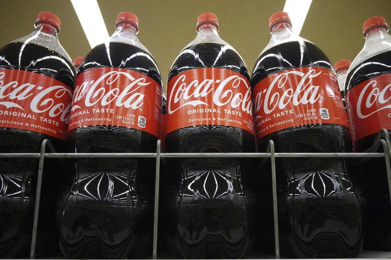 Bottles of Coca-Cola are displayed at a grocery store in Mount Prospect, Illinois.