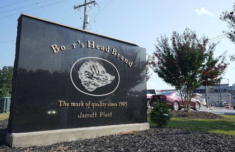A sign marks the entrance of the Boar’s Head processing plant in southeastern Virginia.