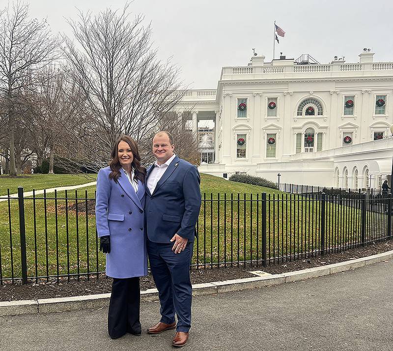 Tyler Everett, of Indiana, was among eight farmers from around the United States who were at the White House with President Donald Trump for the announcement of U.S. Department of Agriculture's Farmer Bridge Assistance Program. He's pictured with Agriculture Secretary Brooke Rollins outside the White House.