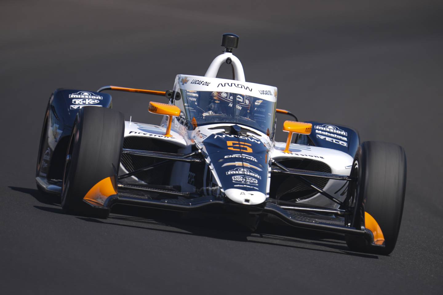 Pato O’Ward, of Mexico, drives through the third turn during qualifications for the Indianapolis 500 auto race at Indianapolis Motor Speedway.